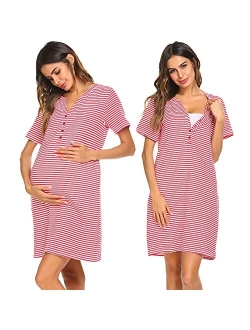 Women Short Sleeve Striped Nursing Nightgown Breastfeeding Sleep Dress