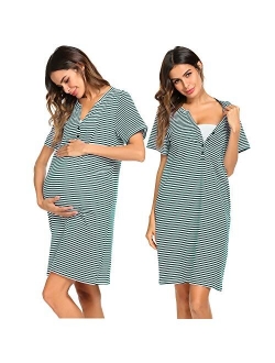 Women Short Sleeve Striped Nursing Nightgown Breastfeeding Sleep Dress