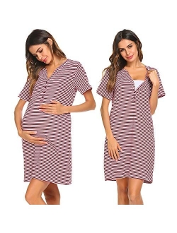 Women Short Sleeve Striped Nursing Nightgown Breastfeeding Sleep Dress