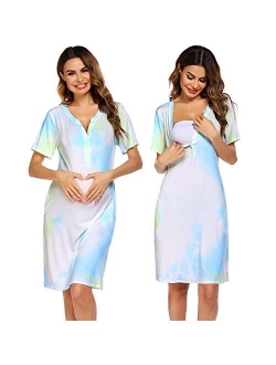 Women Short Sleeve Striped Nursing Nightgown Breastfeeding Sleep Dress