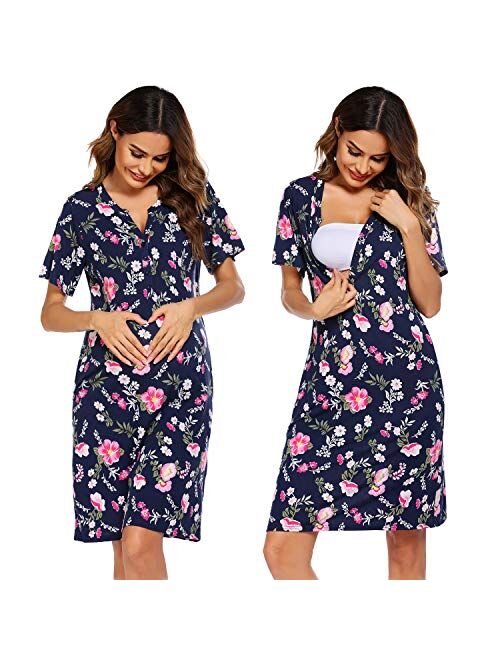 Ekouaer Women Short Sleeve Striped Nursing Nightgown Breastfeeding Sleep Dress