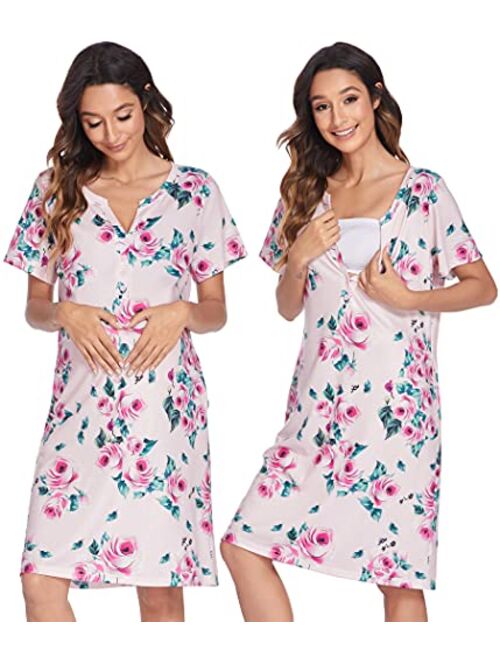 Ekouaer Women Short Sleeve Striped Nursing Nightgown Breastfeeding Sleep Dress