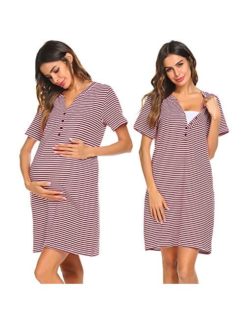 Ekouaer Women Short Sleeve Striped Nursing Nightgown Breastfeeding Sleep Dress