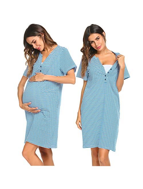 Ekouaer Women Short Sleeve Striped Nursing Nightgown Breastfeeding Sleep Dress