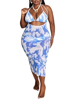 Plus Size Bathing Suits Mesh Drawstring Halter 3 Pieces Swimsuit Bikini Set