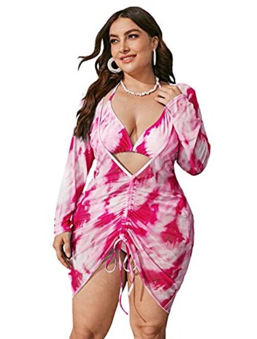 Romwe Plus Size Bathing Suits Mesh Drawstring Halter 3 Pieces Swimsuit Bikini Set