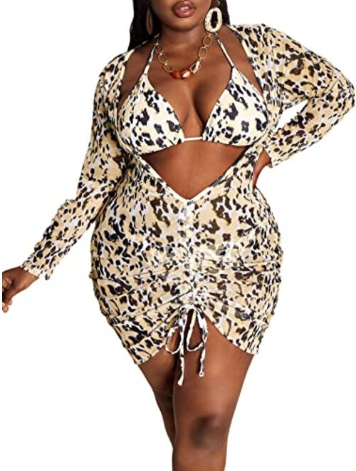 Romwe Plus Size Bathing Suits Mesh Drawstring Halter 3 Pieces Swimsuit Bikini Set