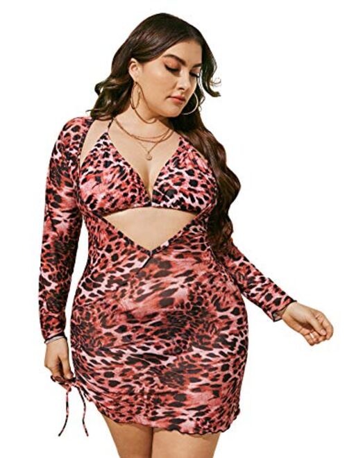 Romwe Plus Size Bathing Suits Mesh Drawstring Halter 3 Pieces Swimsuit Bikini Set