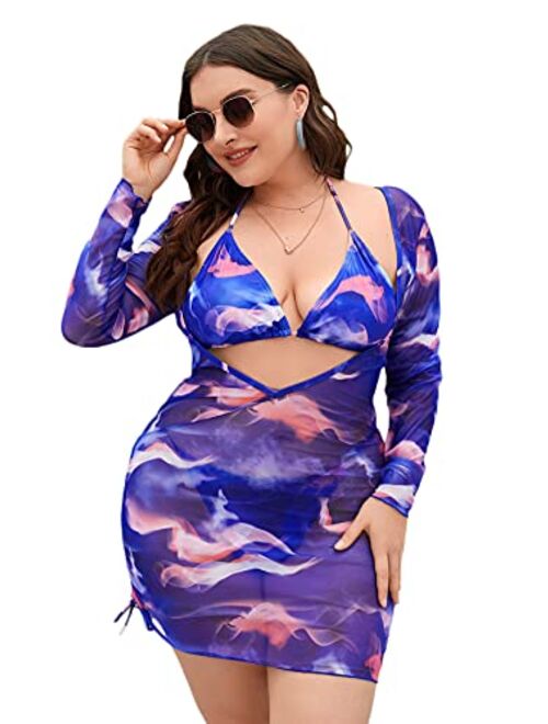 Romwe Plus Size Bathing Suits Mesh Drawstring Halter 3 Pieces Swimsuit Bikini Set