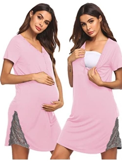 Maternity Hospital Nursing Nightgown Button Down Gown for Breastfeeding Delivery Labor Nightgown with Lace Trim