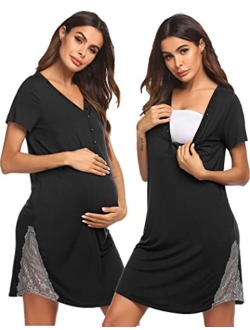 Maternity Hospital Nursing Nightgown Button Down Gown for Breastfeeding Delivery Labor Nightgown with Lace Trim