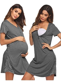 Maternity Hospital Nursing Nightgown Button Down Gown for Breastfeeding Delivery Labor Nightgown with Lace Trim