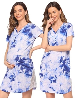 Maternity Hospital Nursing Nightgown Button Down Gown for Breastfeeding Delivery Labor Nightgown with Lace Trim