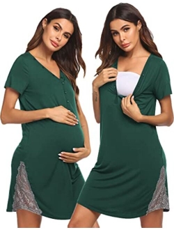 Maternity Hospital Nursing Nightgown Button Down Gown for Breastfeeding Delivery Labor Nightgown with Lace Trim