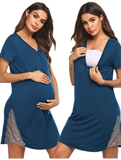 Maternity Hospital Nursing Nightgown Button Down Gown for Breastfeeding Delivery Labor Nightgown with Lace Trim