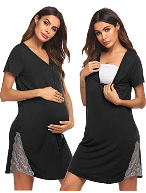 Ekouaer Maternity Hospital Nursing Nightgown Button Down Gown for Breastfeeding Delivery Labor Nightgown with Lace Trim