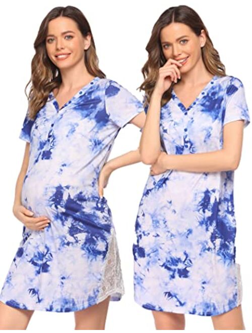 Ekouaer Maternity Hospital Nursing Nightgown Button Down Gown for Breastfeeding Delivery Labor Nightgown with Lace Trim