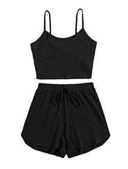 Women's 2 Piece Pajama Set Crop Cami Tops and Shorts Lounge Set Outfit