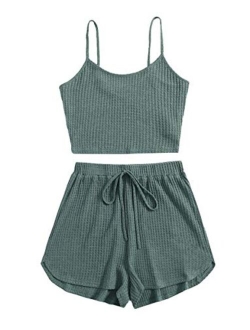 Women's 2 Piece Pajama Set Crop Cami Tops and Shorts Lounge Set Outfit