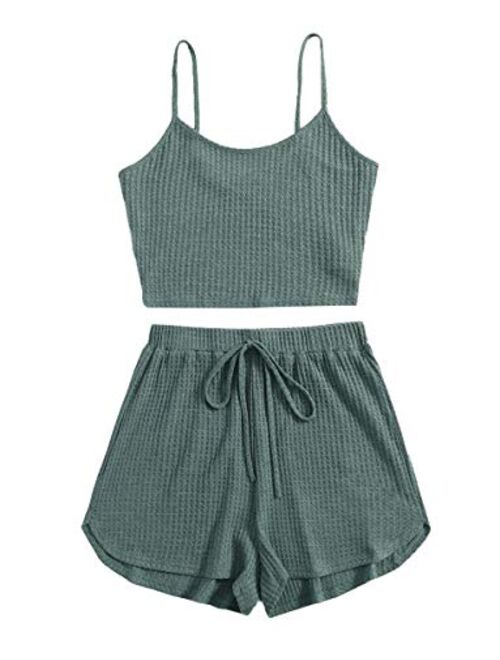 ROMWE Women's 2 Piece Pajama Set Crop Cami Tops and Shorts Lounge Set Outfit