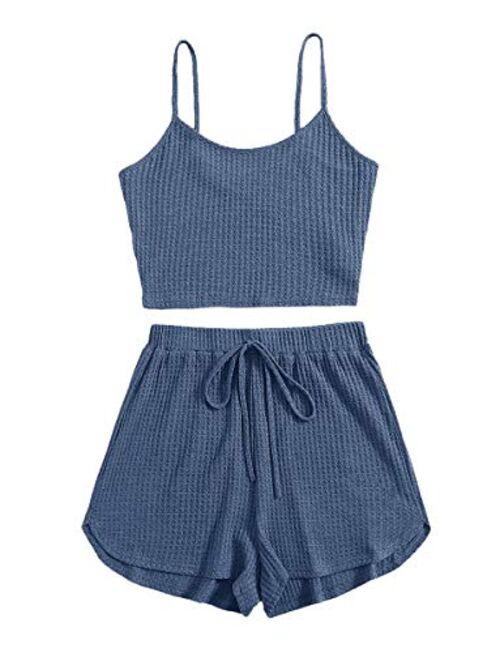 ROMWE Women's 2 Piece Pajama Set Crop Cami Tops and Shorts Lounge Set Outfit