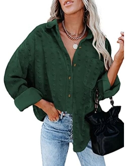 Sidefeel Women Long Sleeve Button Down Shirt Solid Casual Blouse Tops