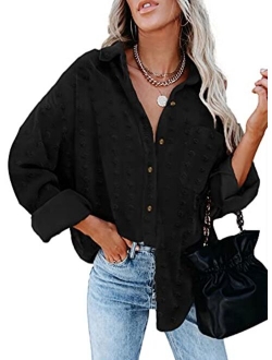 Sidefeel Women Long Sleeve Button Down Shirt Solid Casual Blouse Tops