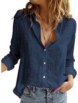 Sidefeel Women Long Sleeve Button Down Shirt Solid Casual Blouse Tops