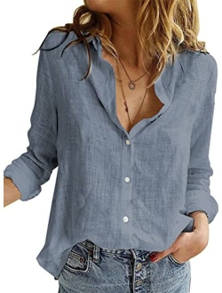 Sidefeel Women Long Sleeve Button Down Shirt Solid Casual Blouse Tops