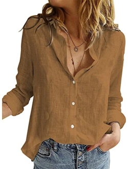 Sidefeel Women Long Sleeve Button Down Shirt Solid Casual Blouse Tops