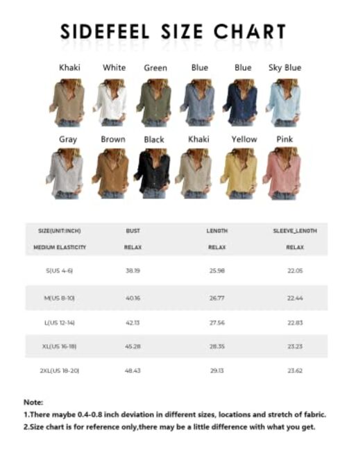 Sidefeel Women Long Sleeve Button Down Shirt Solid Casual Blouse Tops