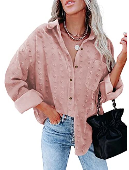 Sidefeel Women Long Sleeve Button Down Shirt Solid Casual Blouse Tops