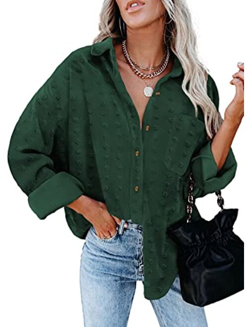 Sidefeel Women Long Sleeve Button Down Shirt Solid Casual Blouse Tops