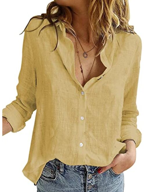 Sidefeel Women Long Sleeve Button Down Shirt Solid Casual Blouse Tops