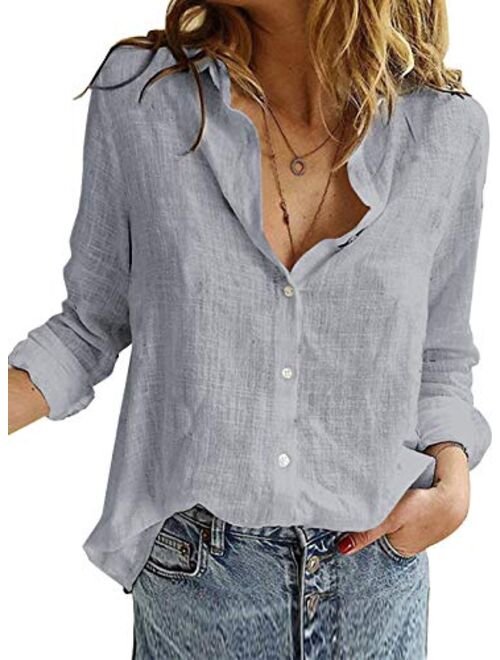 Sidefeel Women Long Sleeve Button Down Shirt Solid Casual Blouse Tops