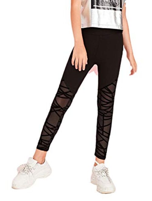 Romwe Girl's Geo Print Mesh High Waist Leggings Tights Skinny Yoga Pants Runing Jogger Pants