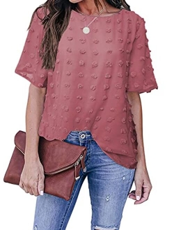 Sidefeel Womens Round Neck Short Sleeve Blouse Chiffon Swiss Dot Shirt Tops