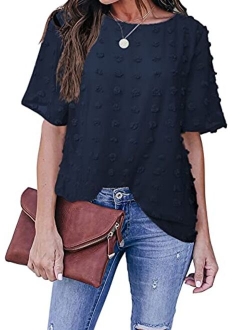 Sidefeel Womens Round Neck Short Sleeve Blouse Chiffon Swiss Dot Shirt Tops