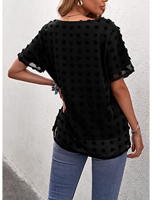 Sidefeel Womens Round Neck Short Sleeve Blouse Chiffon Swiss Dot Shirt Tops