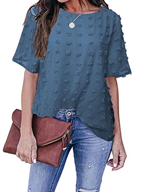 Sidefeel Womens Round Neck Short Sleeve Blouse Chiffon Swiss Dot Shirt Tops