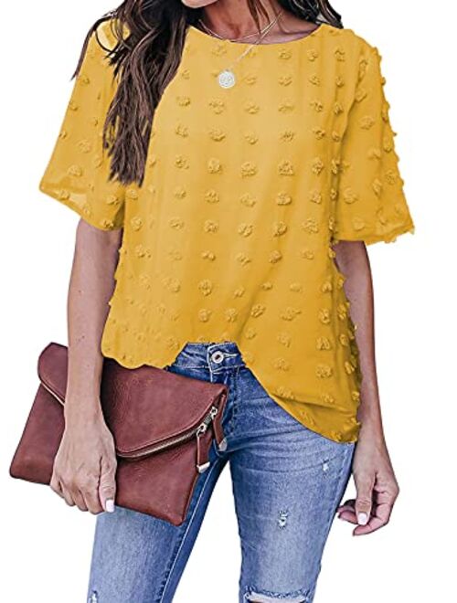 Sidefeel Womens Round Neck Short Sleeve Blouse Chiffon Swiss Dot Shirt Tops