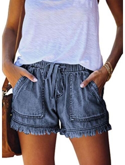 Sidefeel Women Frayed Raw Hem Shorts Elastic Waist Drawstring Casual Short Pants