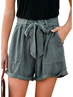 Sidefeel Women Frayed Raw Hem Shorts Elastic Waist Drawstring Casual Short Pants