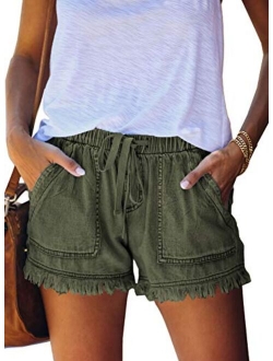 Sidefeel Women Frayed Raw Hem Shorts Elastic Waist Drawstring Casual Short Pants