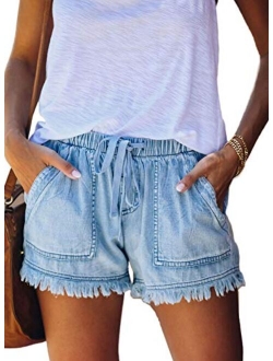 Sidefeel Women Frayed Raw Hem Shorts Elastic Waist Drawstring Casual Short Pants