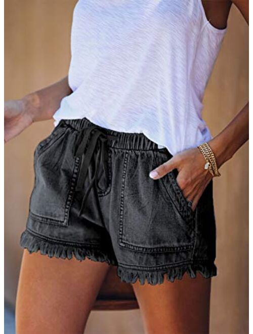 Sidefeel Women Frayed Raw Hem Shorts Elastic Waist Drawstring Casual Short Pants