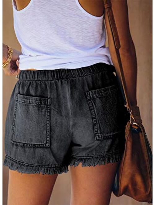 Sidefeel Women Frayed Raw Hem Shorts Elastic Waist Drawstring Casual Short Pants