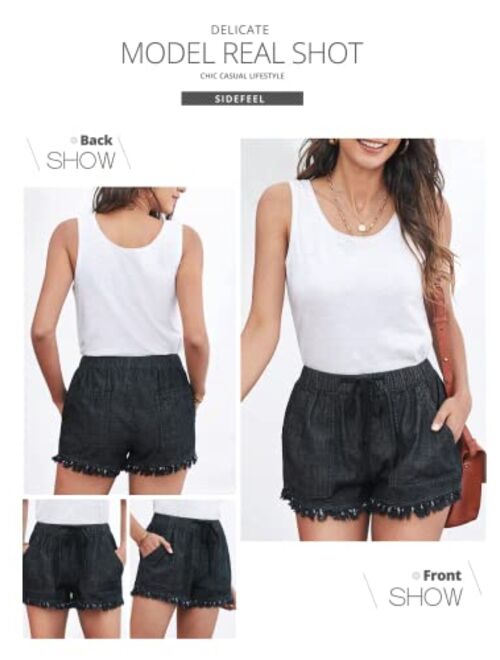 Sidefeel Women Frayed Raw Hem Shorts Elastic Waist Drawstring Casual Short Pants