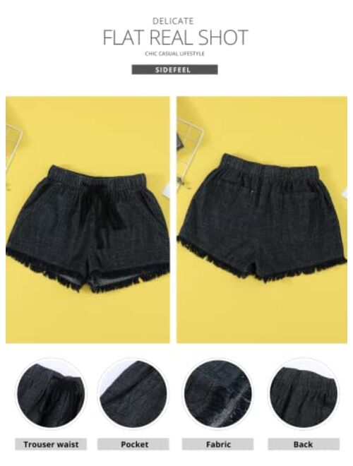 Sidefeel Women Frayed Raw Hem Shorts Elastic Waist Drawstring Casual Short Pants