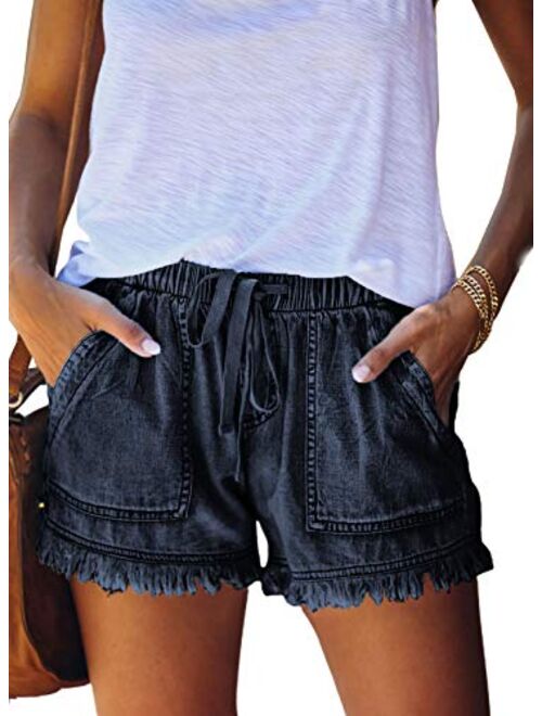 Sidefeel Women Frayed Raw Hem Shorts Elastic Waist Drawstring Casual Short Pants